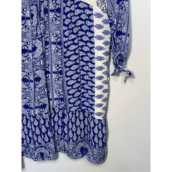 Entro Damask Tapestry V-Neck Babydoll Mini Dress Blue & White Small - Picture 2 of 6